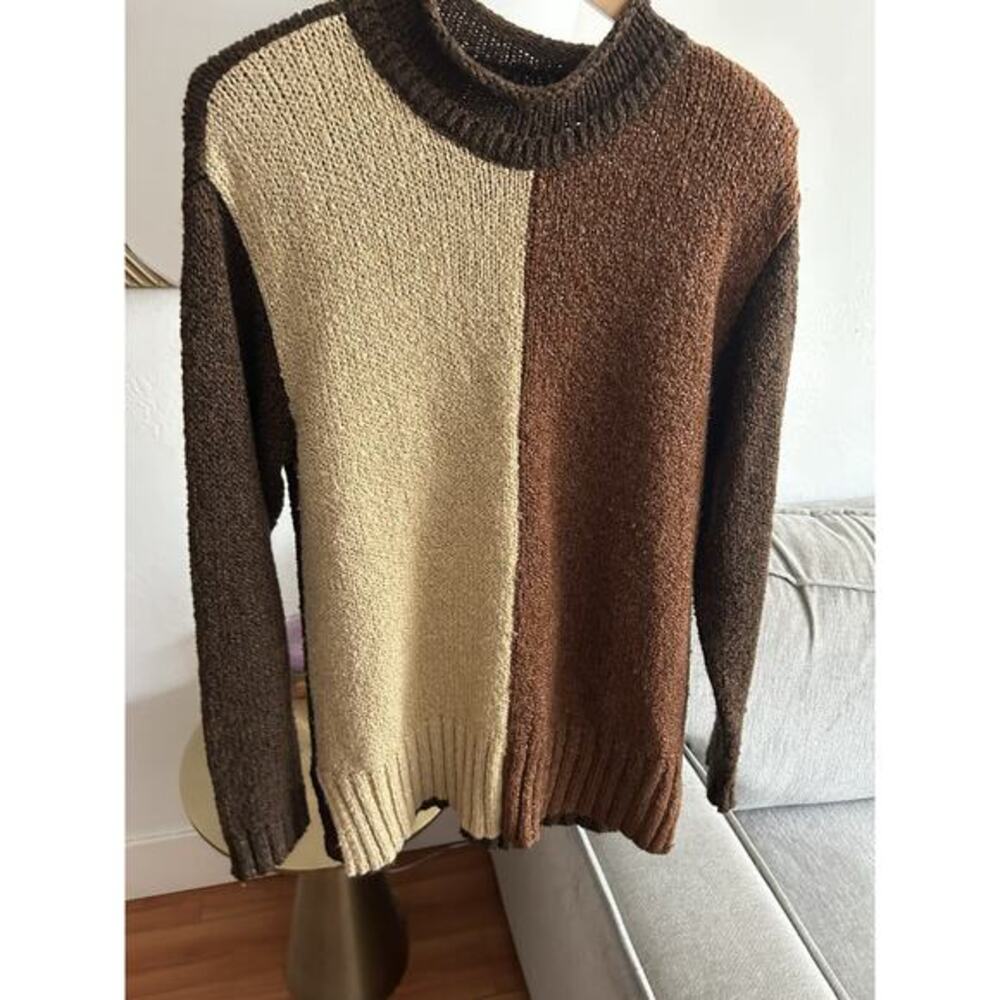 Vtg 90’s Granny Y2K Sweater Colorblock Brown Beige Chunky Cottage Boho